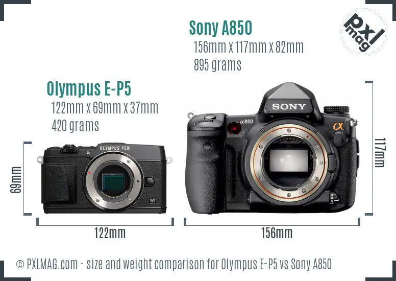 Olympus E-P5 vs Sony A850 size comparison