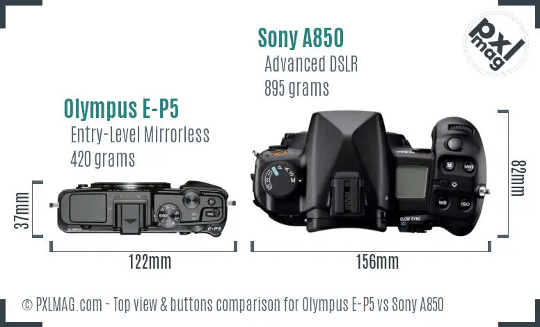 Olympus E-P5 vs Sony A850 top view buttons comparison