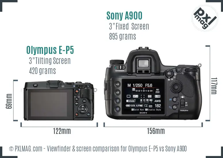 Olympus E-P5 vs Sony A900 Screen and Viewfinder comparison Olympus E-P5 vs Sony A900 Screen and Viewfinder comparison