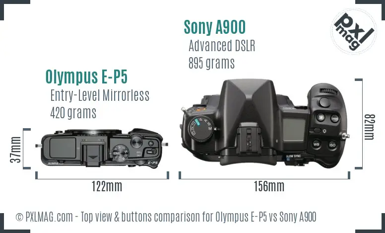 Olympus E-P5 vs Sony A900 top view buttons comparison Olympus E-P5 vs Sony A900 top view buttons comparison