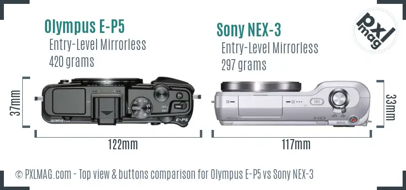 Olympus E-P5 vs Sony NEX-3 top view buttons comparison