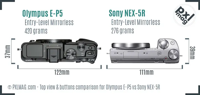 Olympus E-P5 vs Sony NEX-5R top view buttons comparison