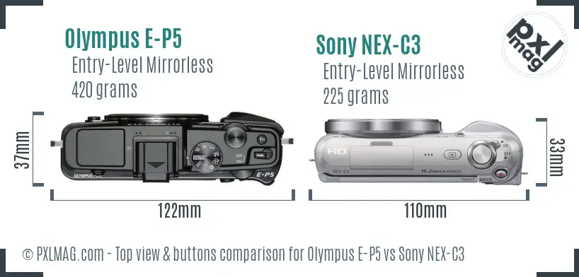 Olympus E-P5 vs Sony NEX-C3 top view buttons comparison