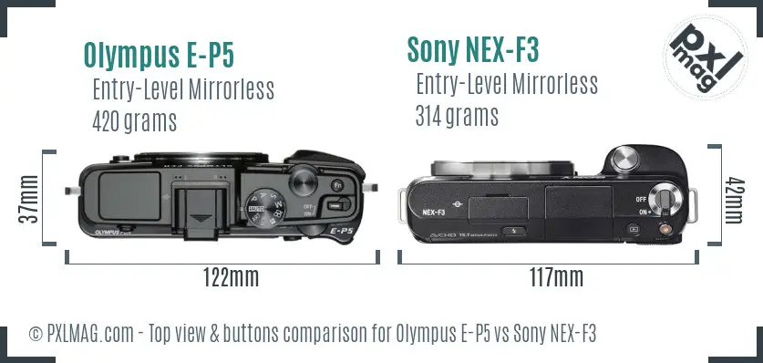 Olympus E-P5 vs Sony NEX-F3 top view buttons comparison