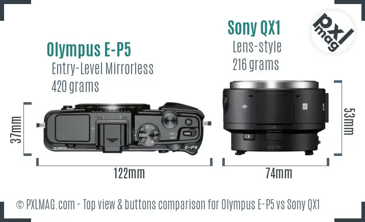Olympus E-P5 vs Sony QX1 top view buttons comparison