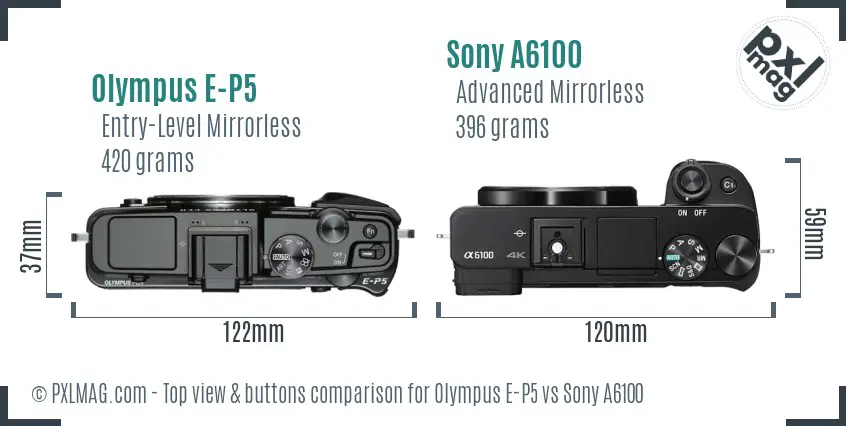 Olympus E-P5 vs Sony A6100 top view buttons comparison Olympus E-P5 vs Sony A6100 top view buttons comparison