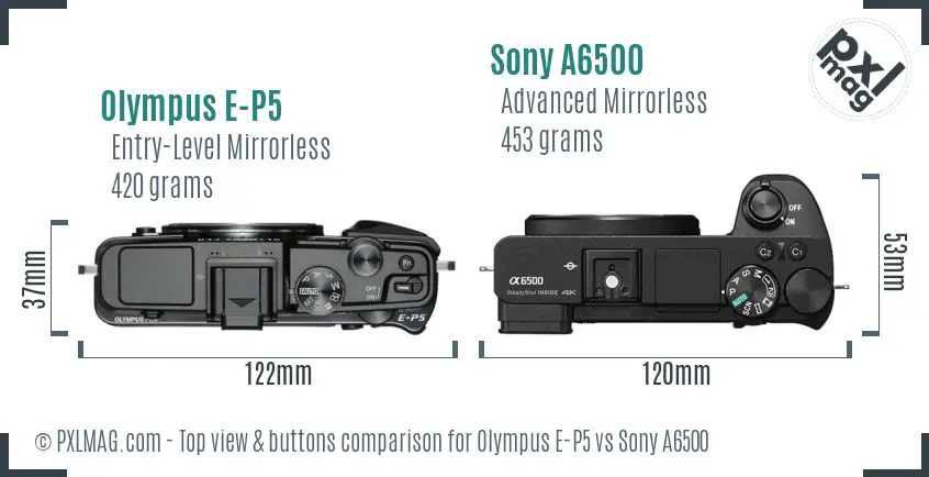 Olympus E-P5 vs Sony A6500 top view buttons comparison