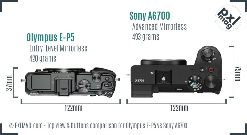 Olympus E-P5 vs Sony A6700 top view buttons comparison