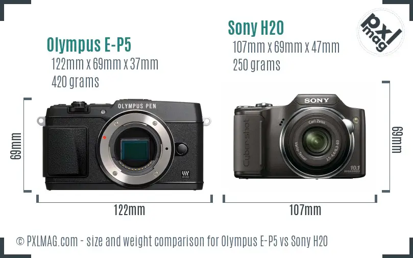 Olympus E-P5 vs Sony H20 size comparison