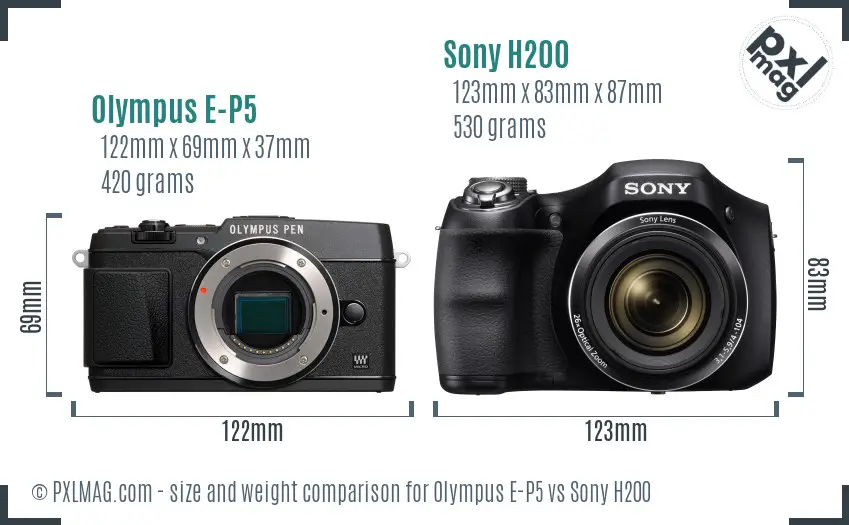 Olympus E-P5 vs Sony H200 size comparison
