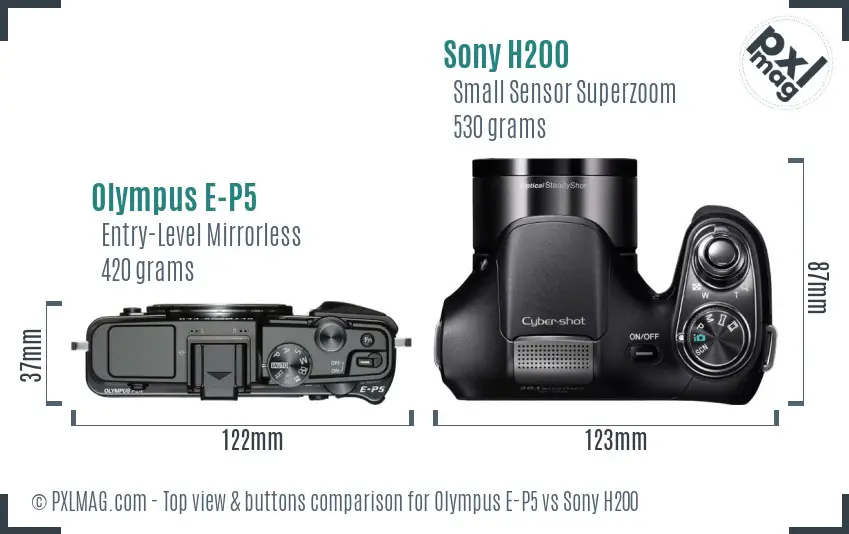 Olympus E-P5 vs Sony H200 top view buttons comparison