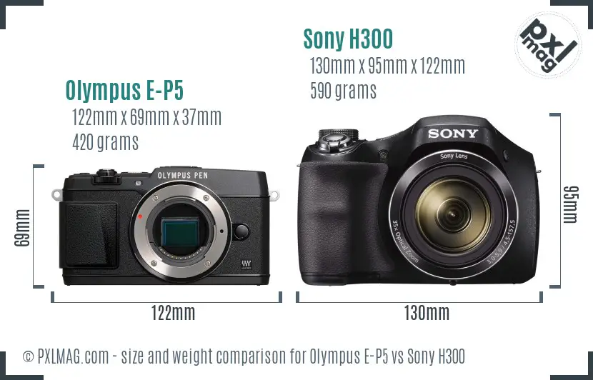 Olympus E-P5 vs Sony H300 size comparison