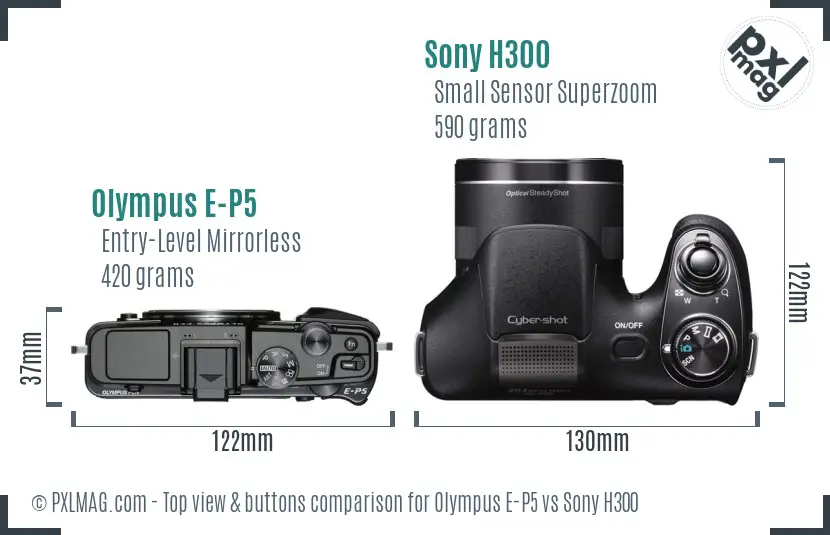 Olympus E-P5 vs Sony H300 top view buttons comparison