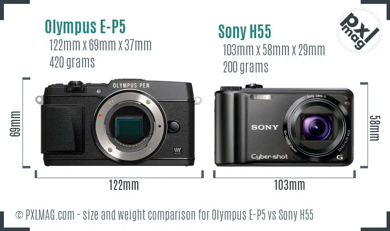 Olympus E-P5 vs Sony H55 size comparison