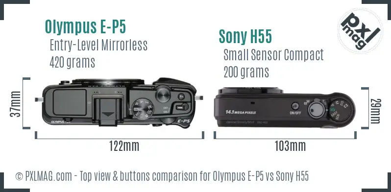 Olympus E-P5 vs Sony H55 top view buttons comparison