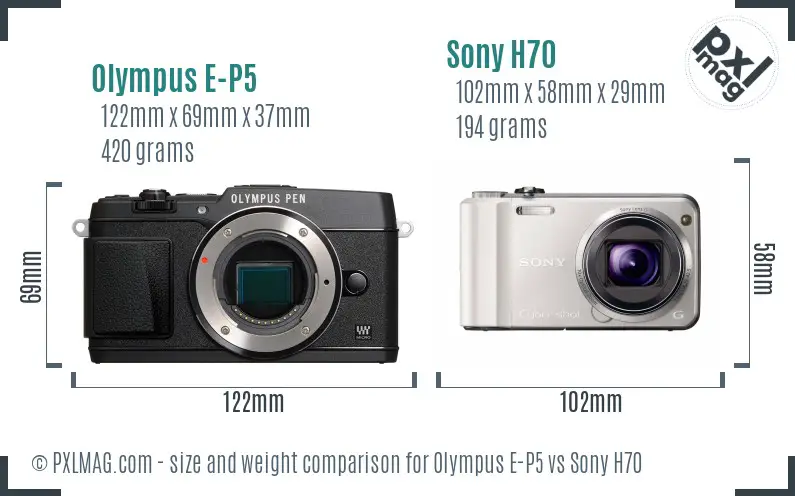 Olympus E-P5 vs Sony H70 size comparison