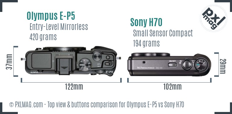 Olympus E-P5 vs Sony H70 top view buttons comparison