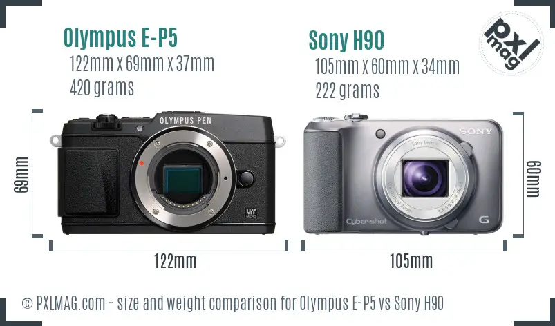 Olympus E-P5 vs Sony H90 size comparison