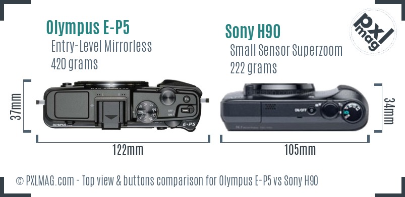 Olympus E-P5 vs Sony H90 top view buttons comparison