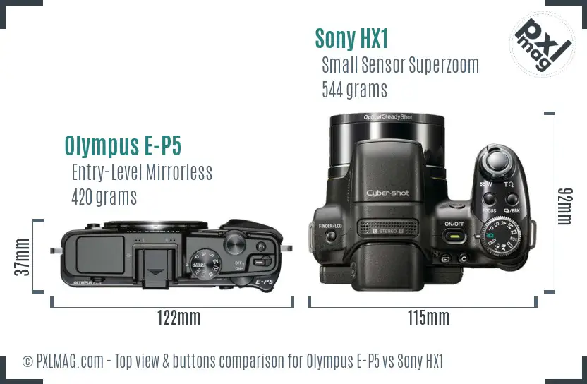 Olympus E-P5 vs Sony HX1 top view buttons comparison