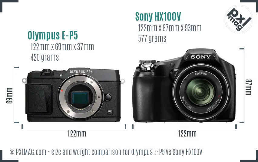 Olympus E-P5 vs Sony HX100V size comparison