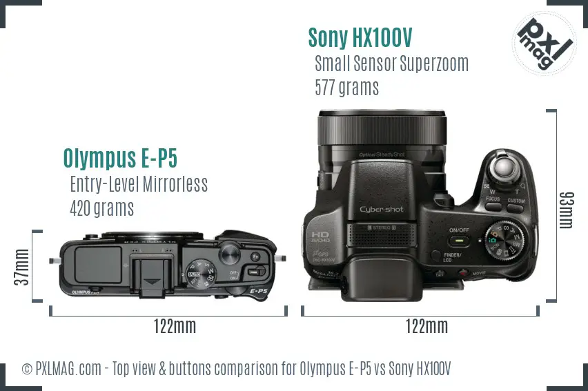 Olympus E-P5 vs Sony HX100V top view buttons comparison