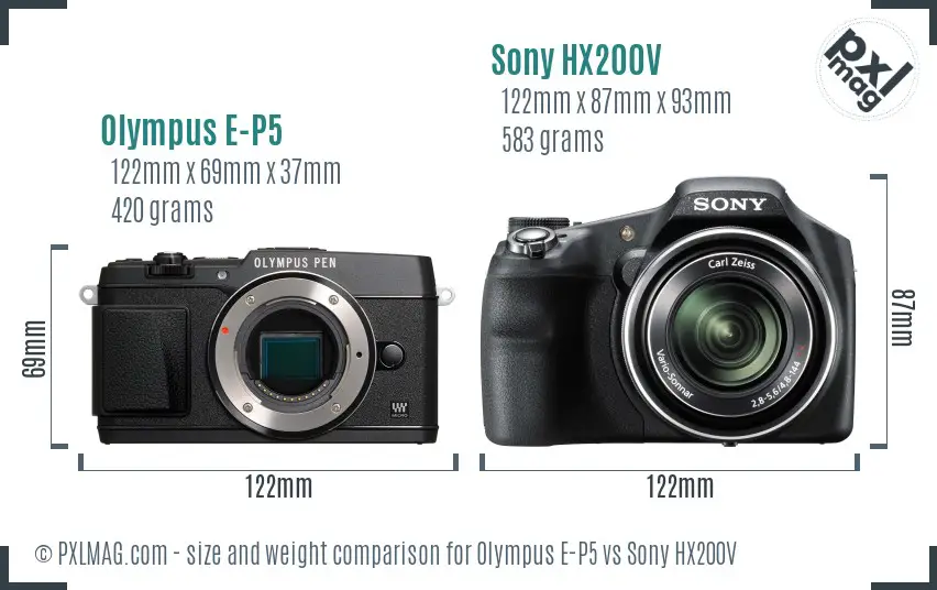 Olympus E-P5 vs Sony HX200V size comparison