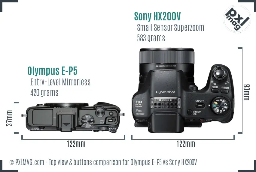 Olympus E-P5 vs Sony HX200V top view buttons comparison