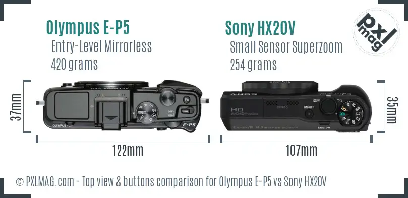 Olympus E-P5 vs Sony HX20V top view buttons comparison