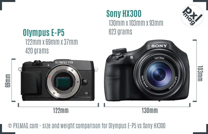 Olympus E-P5 vs Sony HX300 size comparison