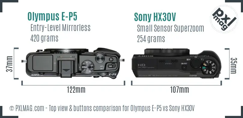 Olympus E-P5 vs Sony HX30V top view buttons comparison