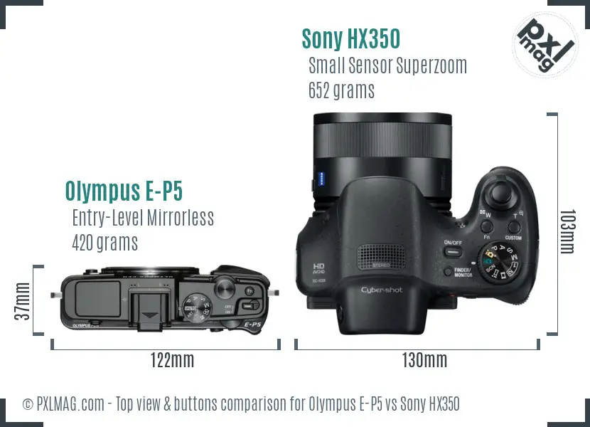 Olympus E-P5 vs Sony HX350 top view buttons comparison