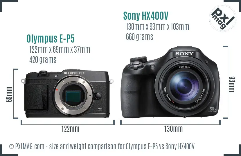 Olympus E-P5 vs Sony HX400V size comparison