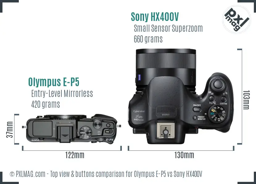 Olympus E-P5 vs Sony HX400V top view buttons comparison