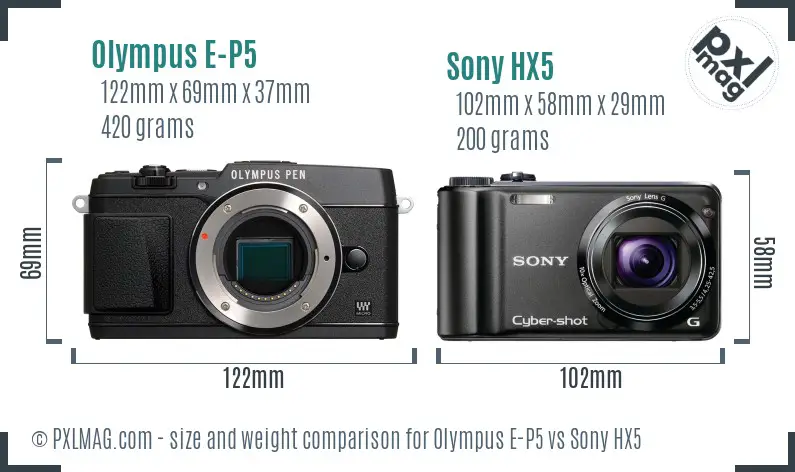 Olympus E-P5 vs Sony HX5 size comparison