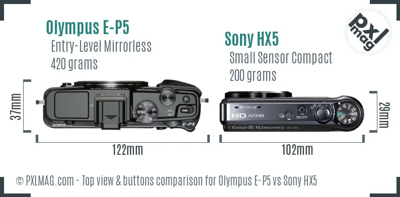 Olympus E-P5 vs Sony HX5 top view buttons comparison
