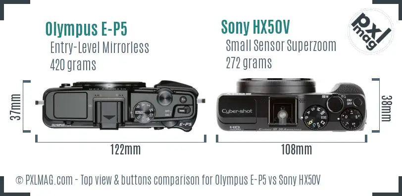 Olympus E-P5 vs Sony HX50V top view buttons comparison