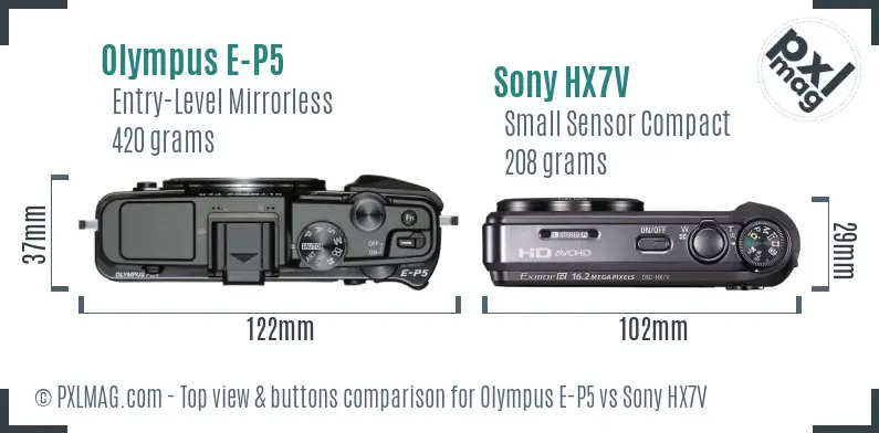 Olympus E-P5 vs Sony HX7V top view buttons comparison