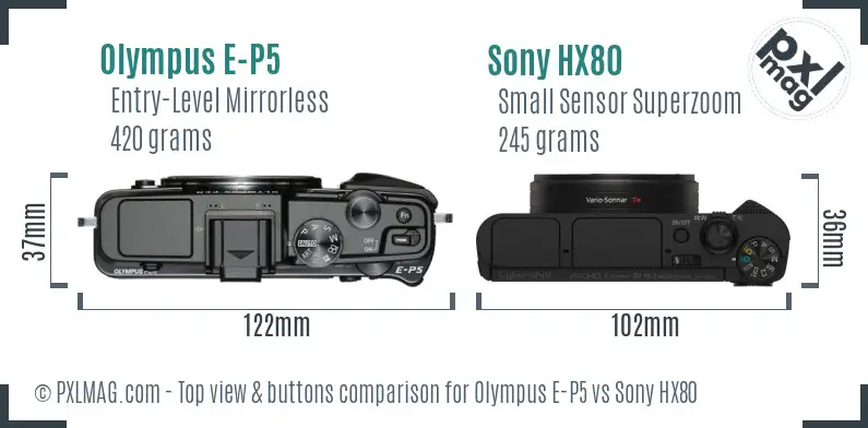 Olympus E-P5 vs Sony HX80 top view buttons comparison