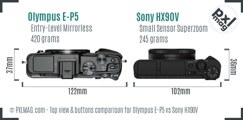 Olympus E-P5 vs Sony HX90V top view buttons comparison