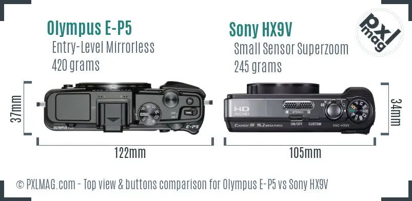 Olympus E-P5 vs Sony HX9V top view buttons comparison