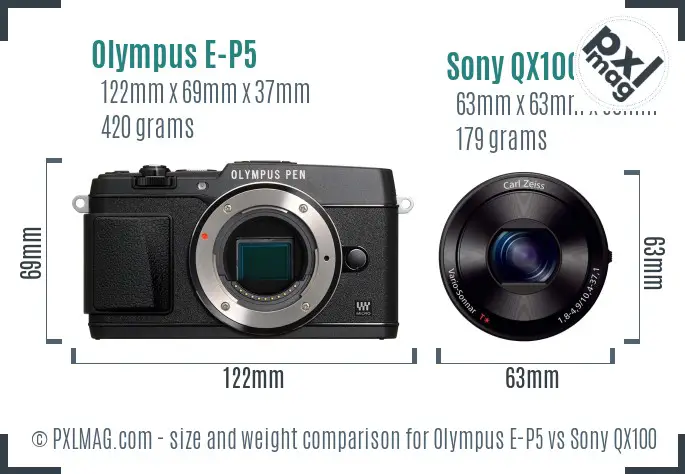 Olympus E-P5 vs Sony QX100 size comparison