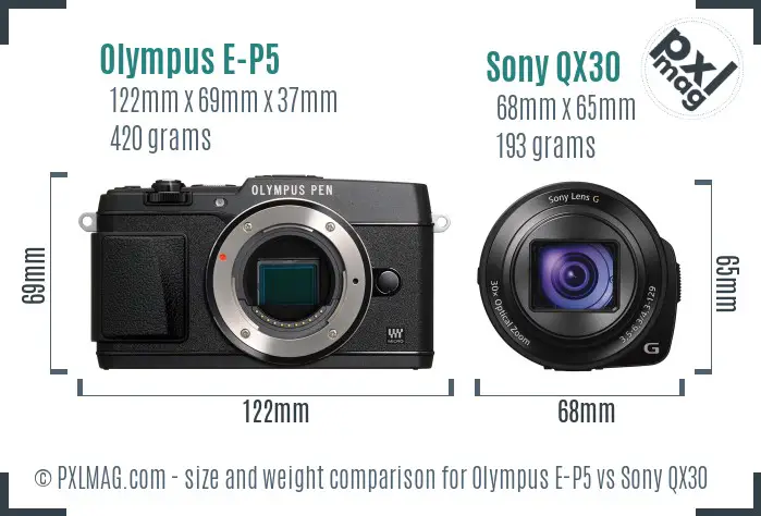 Olympus E-P5 vs Sony QX30 size comparison