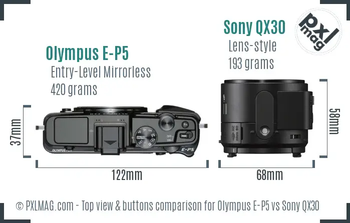 Olympus E-P5 vs Sony QX30 top view buttons comparison