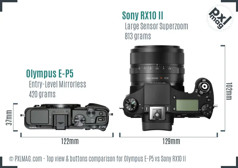 Olympus E-P5 vs Sony RX10 II top view buttons comparison