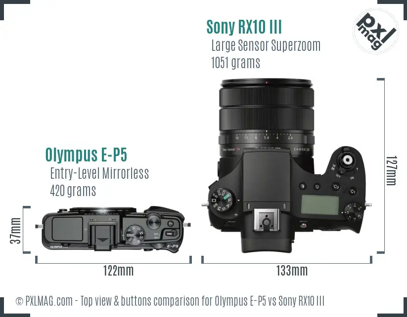 Olympus E-P5 vs Sony RX10 III top view buttons comparison