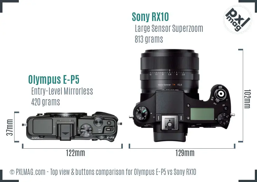 Olympus E-P5 vs Sony RX10 top view buttons comparison
