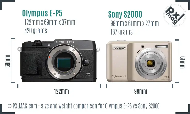 Olympus E-P5 vs Sony S2000 size comparison