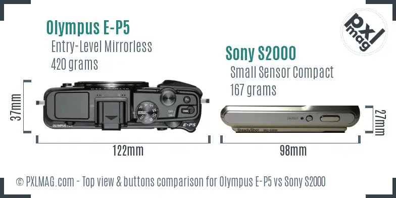 Olympus E-P5 vs Sony S2000 top view buttons comparison