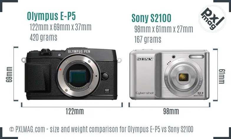 Olympus E-P5 vs Sony S2100 size comparison